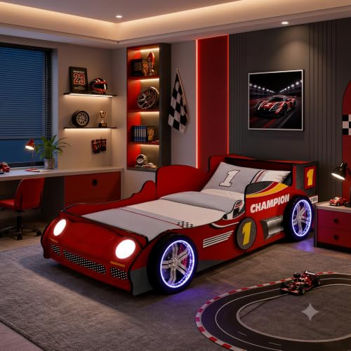 LKTART Twin Size Race Car Bed with LED Light for Kids, Red