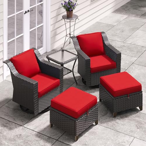 Image of 5 Pieces Patio Conversation Furniture Set - Swivel Chairs with Ottomans Set of 2, 1 Side Table, Outdoor Wicker Furniture Set with Washable Cushions for Porch, Balcony, Sunroom (Red) | Patio Chair Set with Olefin Removable Cushion, All-Weather Glider Swivel Chair Set with Deep Seat for Porch, Deck, Red