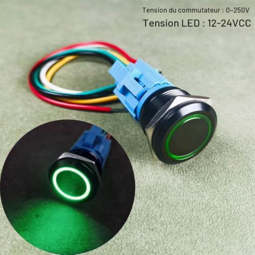 Gebildet Bouton-Poussoir Momentané en Acier Inoxydable 22mm 12V-24V LED 1NO1NC SPDT on Off Bouton étanche avec Prise de Fil (LED vert et Coque Noire) – vue 2