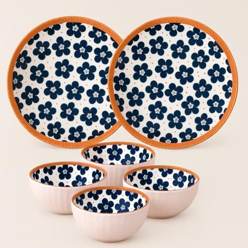 Image of YELONA Japanese Style Ceramic Dinnerware Set of 6 (4 Bowls + 2 Plates) | 11.5cm 300ml Bowls & 20.5cm Floral Design Plates | Microwave Safe & Dishwasher Safe | Rustic Modern Kitchen Crockery