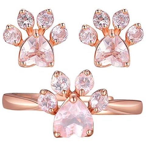CULOVITY Dainty Statement Stud Earrings Ring Set 18K Rose Gold FiII Cubic Zirconia Jewelry Adjustable Ring for Puppy Lovers - 1 Pair Earring and 1 Ring Cover