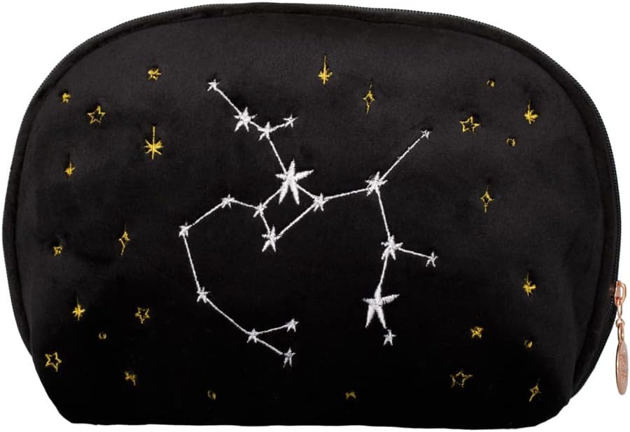 Women's Velvet Toiletry Bag with Embroidered Horoscope, Black/White, Medio