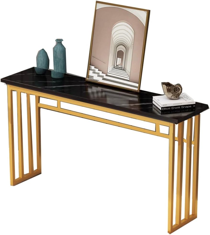 GIZNXBA Entryway Console Table with Metal Frame, Modern Foyer Entryway Table Small Spaces, Narrow Sofa Accent Table with Wood Top for Entrance, Hallway, Living Room (Color : /Black Gold)