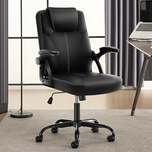 Executive Office Chair, Ergonomic PU Leather Computer Chairs, Executive Breathable Desk Chair with Padded Flip-Up Arms, 360° Swivel Rolling Chair Comfy Padded for Working Studying Gaming (Black)