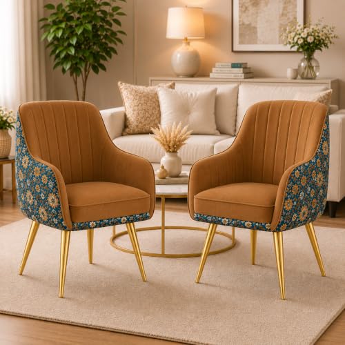 Image of Set of 2 Accent Chair for Living Room | Modern Armchair in Soft Velvet Fabric with Sturdy Legs | Premium Chair for Home Living Room Bedroom Restaurent | (Gold Legs, Light Brown Floral)