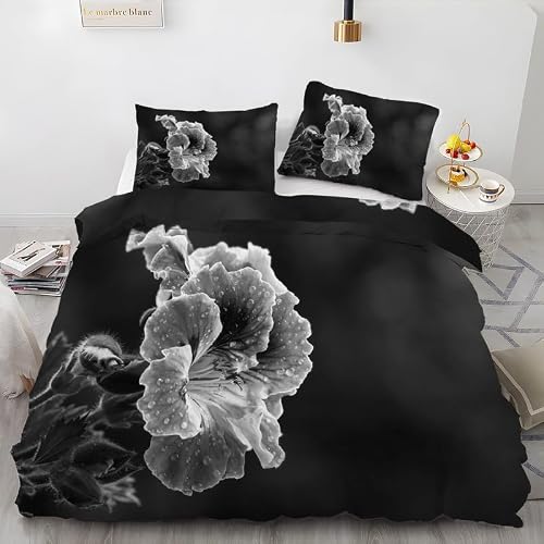 Fleur Noir Parure de Lit 220x240 Adulte Plante Modèle Housse de Couette 2 Personnes avec Fermeture ÉClair, Parure de Lit en 110gsm Microfibre + 2 Taies d'oreillers 65x65cm