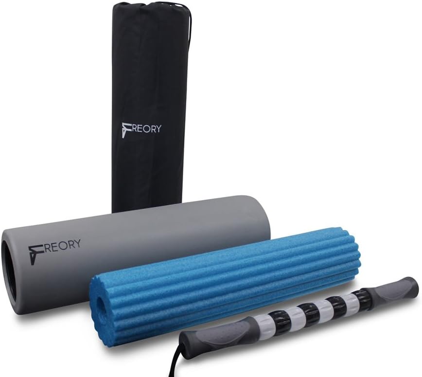 3-in-1 Foam Roller for Trigger Points. High-Medium Density Foam and Deep Tissue Massage Stick Used for Myofascial Release. (Titanium & Blue; Bag Included)