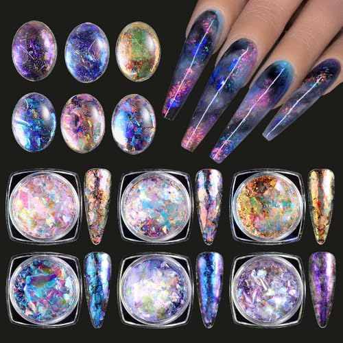 Holographic Opal Nail Art Glitter Flakes, 6 Colors Aurora Iridescent Pigment Powder Irregular Ice Crystal Mermaid Paillettes Sparkly Chunky Glitter Sequins for DIY Manicure Nail Decorations