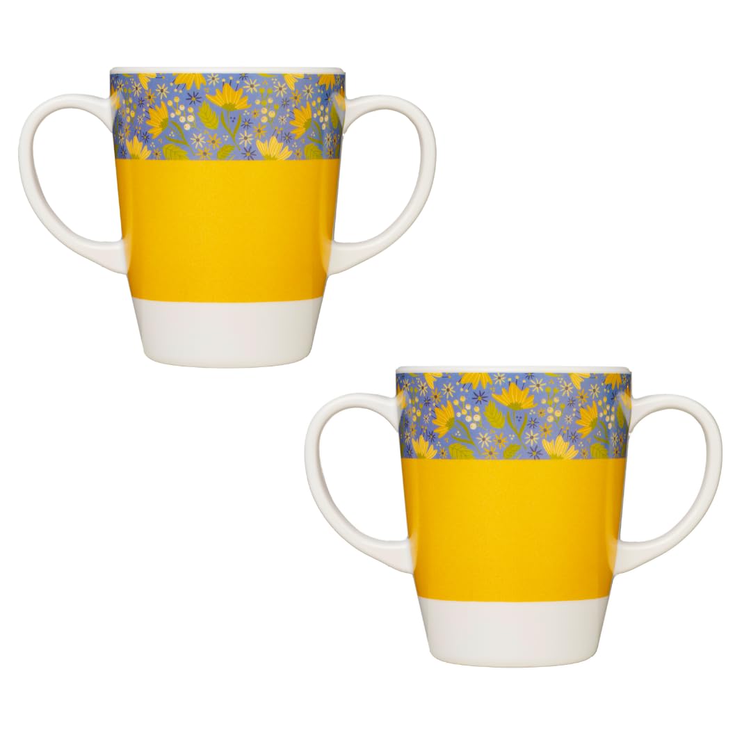 Tasses à café en mélamine jaune et blanc avec double poignée | Lot de 2