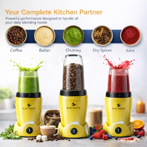 Image of Electrofox Belndo+ 2 Jar Bullet Nutri 750 W Juicer Mixer Grinder (2 Jar Nutri Blendo+ | 2 Jars | Yellow) 2 Year Warranty