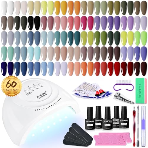 JODSONE 60 PCS Gel Nail Polish Kit with U V Light 55 Colors No Wipe Beautiful Colors Nail Gel Polish Base Top Coat Manicure Gifts for Salon and at Home