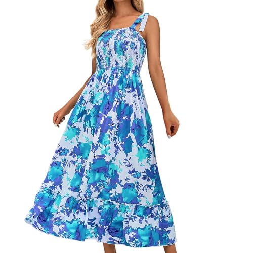 Floral Print Maxi Skirt Women's Summer Sleeveless Beach Pleated Layered Maxi Skirt Loose Vacation Sundress-Blue-S
