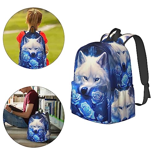 Fehuew 16 Inch Backpack Fantasy Blue Roses Wolf Laptop Backpack Full Print School Bookbag Shoulder Bag For Travel Daypack #TOP3
