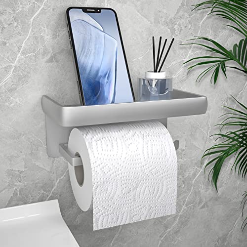 Accjzzlyn Toilettenpapierhalter, selbstklebend, Space Aluminium, Toilettenpapierhalter mit geräumigem Regal, zur Wandmontage für Küche und Badezimmer (Silber) Cover