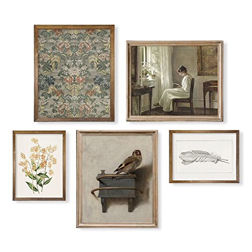 Vintage Farmhouse Botanical Wall Decor | Bird Neutral Portrait Wall Art For Boho French Country Kitchen Bathroom Bedroom Picture Poster Print I Flower Room Decor Aesthetic Cottagecore Plant 5 Set #TOP5