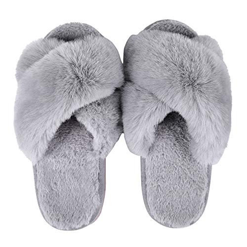 Women's Soft Plush Lightweight House Slippers Fuzzy Cross Band Slip On Open Toe Cozy Indoor Outdoor Slippers Grey Size 7-8 #TOP1
