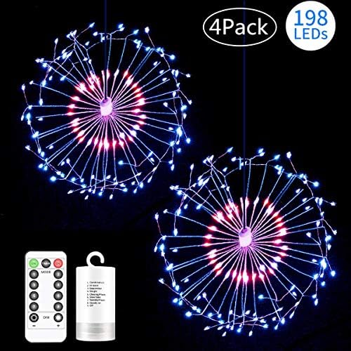 4 Pack Copper Fireworks Lights,198 LED 8 Modes Dimmable Dandelion String Lights,Battery Operated Hanging Starburst Light with Remote Control,Decorative Copper Wire Lights for Home,Patio,Outdoor