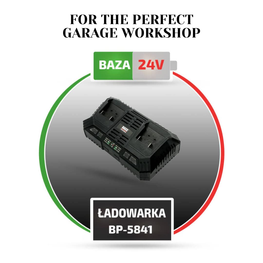 BASS POLSKA Cargador de batería para Herramientas Herramientas de jardín Independientes Jardín de Taller Práctica batería Universal de Iones de Litio 2 x 24 V 15,5 x 24 x 8 cm 0,85 kg