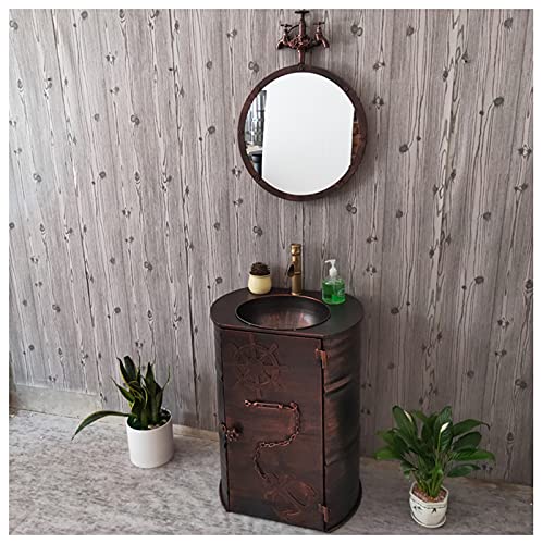 YRRA Meuble sous lavabo Salle de Bain, Meuble Salle de Bain avec Vasque, Rond avec Tiroir Meuble Vasque Salle de Bain, Ensemble Meuble et Vasque 22,8 x 17,7 x 35,4 Pouces,Red Copper,with Mirror