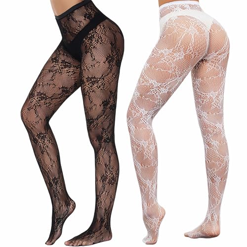 Image of 2 Pairs Lace Tights Black White Patterned Tights for Women Fishnet Stockings for Women Halloween Costumes Parties