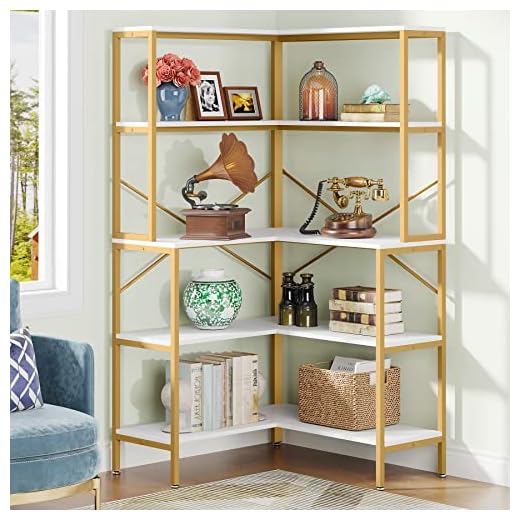 Tribesigns 5-Tier Corner Bookshelf, 67" Tall Large Industrial L-Shaped Bookcase Open Shelves Display Organizer with X Support, Corner Kitchen Bakers Racks for Living Room Home Office (White and Gold)
