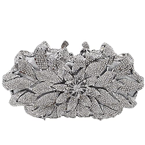 Boutique De FGG Elegant Flower Clutch Formal Evening Bags Women Party Crystal Clutch Purse Wedding Rhinestones Handbags,Mini Small Silver