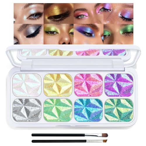 Image of 8 Colors Chameleon Eyeshadow Makeup Palette, Diamond Long-Lasting Waterproof Glitter Eyeshadow, Intense-Color Holographic Rainbow Shimmer Face Highlighter for Shiny Makeup (2 Brushes)