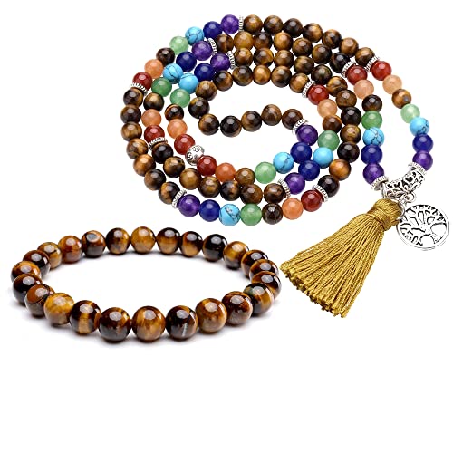 Jovivi 6Mm 108 Mala Beads Bracelet + 8Mm Natural Tiger Eye Crystal Round Stone Beads Elastic Stretch Bracelets -Real 7 Chakra Healing Gemstone Yoga Meditation 108 Hand Knotted Mala Prayer Beaded Tassel Necklace With Tree Of Life Pendant #TOP5
