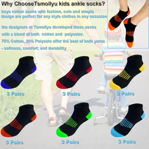 Tsmollyu Boys Socks 18 Pairs Ankle Athletic Cotton Sock Sport Low Cut Sock For Little Big Kids(3-5 Years)