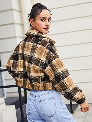 Zaful Women's Faux Fur Fluffy Solid Color Long Sleeve Sweatshirt Tops Plaid Zip Up Teddy Jacket(Coffee,L) #TOP2