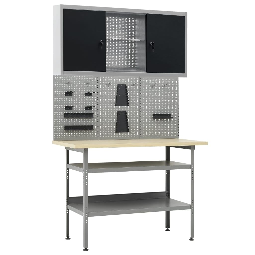 Stół warsztatowy z 3 ściankami narzędziowymi i szafką ścienną stalowy, materiał drewnopochodny, 120 x 60 x 85 cm, nośność 300 kg, nóżki z regulacją wysokości, do warsztatu i garażu