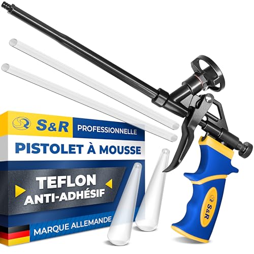 S&R Pistolet à Mousse Expansive Polyuréthane Pistolet à Calfeutrer Professionnel avec sortie mousse réglable et précise. Support cartouche en Téflon.