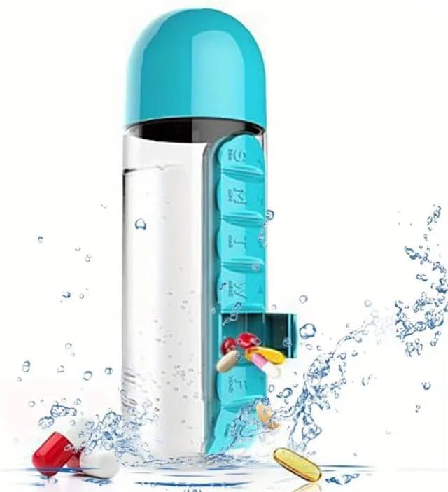 Multi Functional 2-in-1 Creative Water Bottle Medicine Box 7-grid Outdoor Portable Convenient Water Bottle Medicine Box Cup (BLUE)