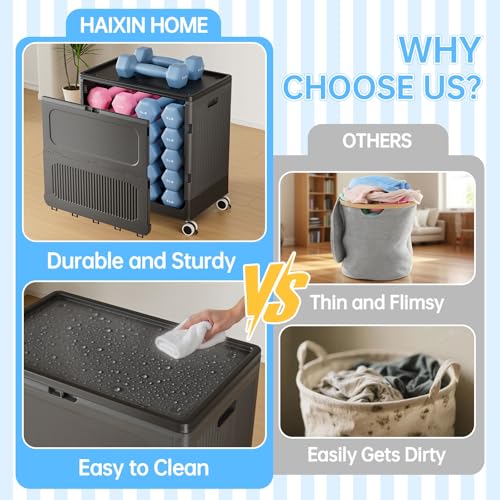 Image of HAIXIN HOME 130L Rolling Laundry Hamper with Lid, Large Plastic Laundry Basket for College Dorm, Foldable Stackable Dirty Clothes Hamper Organizer for Industry, Bedroom, Living Room, Bathroom - Black