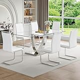 BAOPIN Glass Dining Table Set for 6, Dining Room Table Set 6, 71' Tempered Glass Tabletop and Stainless Steel U-Shaped Leg and Base for Dining Room