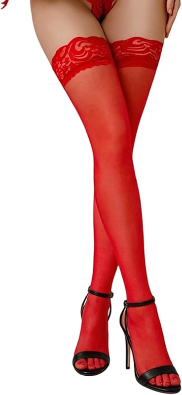 Aranmei Medias altas hasta el muslo de encaje sexy para mujer con banda de silicona antideslizante