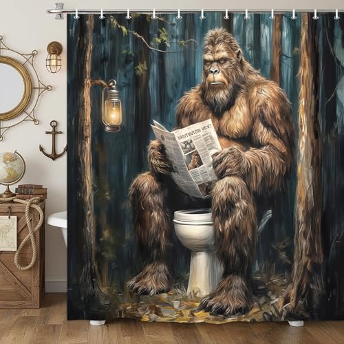 Grtuspr Funny Bigfoot Shower Curtain Humorous Sasquatch Sitting on Toilet Reading Newspaper Shower Curtains Rustic Forest Animal Print Bathroom Decor Waterproof Polyester Bath Curtain 72X72 inchs