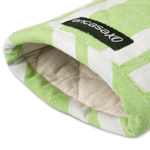 Image of Encasa XO Oven Gloves for Microwave (2 pc Set) - Heat Proof, Thick & Safe | Longer 18x30 cm Mittens for Protection in Kitchen Cooking & Baking - Franca Lime Stripes