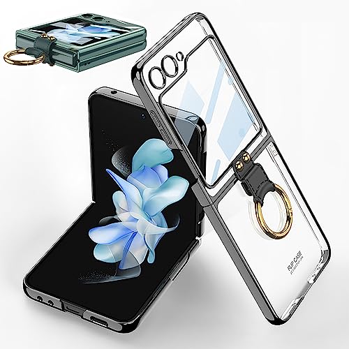 SHIEID Samsung Z Flip 5 Case with Ring, Galaxy Z Flip 5 Case with Screen Protector Electroplating Border Design Protective Cover for Samsung Galaxy Z Flip 5, Bright Black