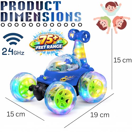 Image of toyco Rechargeable 360 RC Stunt Car for Kids | 5 Modes with Smoke & LED Lights | Dual-Side Rotating Remote Control Car | 2.4GHz Long Range (75+ Ft) | Off-Road Stunt Toy for Boys Girls 3-10 (Blue)