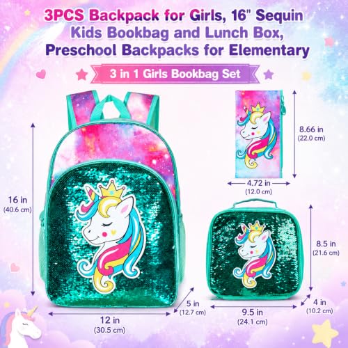 Image of 3PCS Unicorn Backpack for Girls, 16 inch Sequins Kids Bookbag with Lunch Box, School Bags for Elementary Preschool Kindergarten - Green