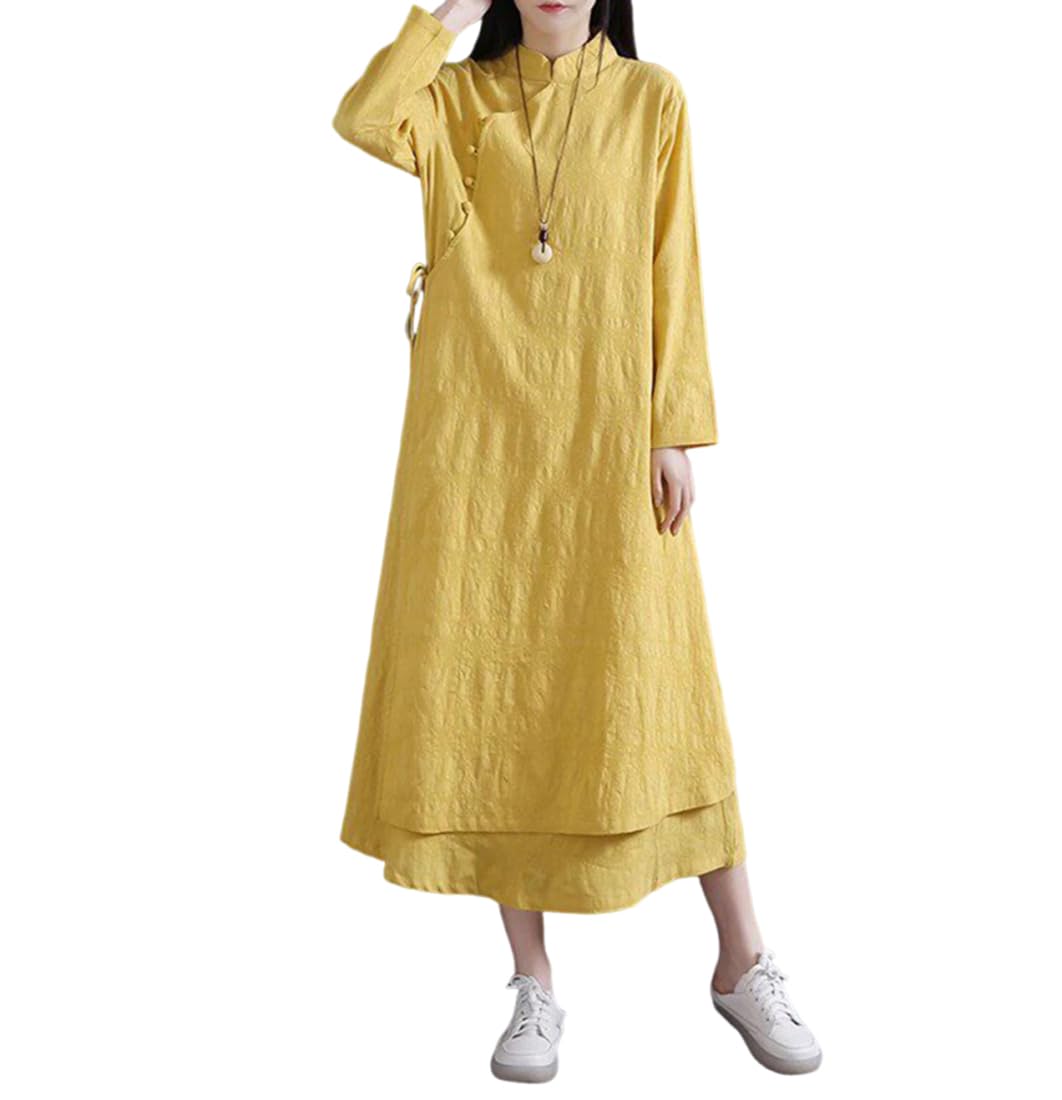 Abito longuette da donna in cotone e lino in stile cinese a maniche lunghe con orlo a strati Zen Tea Dress