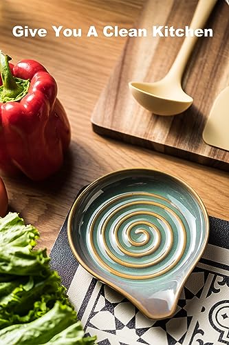 Image of LAUCHUH Spoon Rest for Kitchen Counter,5 inch Spoon Holder for Kitchen Counter Stove Top Ceramic Spatula Holder for Father's Day, Ladle, Spatula, Spoons or Tongs, Unique Green