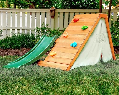 Avenlur Palm Outdoor and Indoor Playground 5 in 1 Backyard Playset with Ladder, Rock Wall, 4 ft. Slide, Tent Fort, Montessori Style Play Set Climber Playhouse Toddlers, Children, Kids 2-6yr (Green)