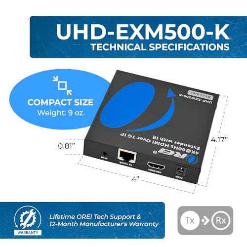 Image of OREI 4K HDMI Extender Over IP CAT6 4K@60Hz One to Many Upto 500 Feet, Loop Out - Send to Multiple Location Over 1G Switch (UHD-EXM500-K)