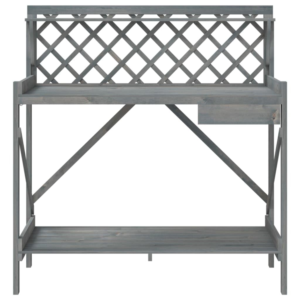 Stół na rośliny z litego drewna jodłowego z kratką, szary, 110 x 50 x 117 cm, stół na rośliny z półką, szufladą, metalowym haczykiem, uniwersalny stojak na kwiaty do ogrodu, na balkon, taras