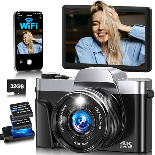 4K Digital Camera for Photography with WiFi,64MP Autofocus Vlogging Camera for YouTube,3” 180° Flip Screen Compact Travel Camera for Teens with 32GB SD Card,16X Zoom,Anti-Shake,2 Batteries(Black)