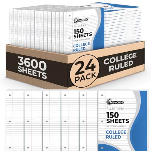 Rosmonde Loose Leaf Paper Bulk, 3600 Sheets, 24 Pack, College Ruled, 8 x 10.5", 150 Sheets/Pack, 3 Hole Punch, Bulk Notebook Paper, Filler Sheets, Fits Standard Binders, Fights Ink Bleed, White