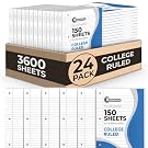 Rosmonde Loose Leaf Paper Bulk, 3600 Sheets, 24 Pack, College Ruled, 8 x 10.5", 150 Sheets/Pack, 3 Hole Punch, Bulk Notebook Paper, Filler Sheets, Fits Standard Binders, Fights Ink Bleed, White