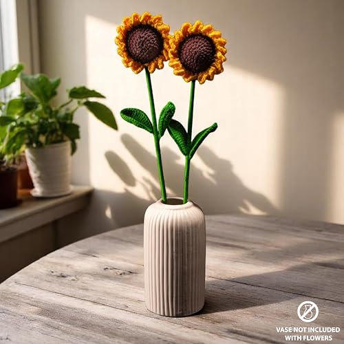 Image of Sunflower Crochet Flowers | Handcrafted Artificial Faux Woolen Flower with Long Stem | Natural Looking Knitted Flower for Home Decor, Living Room, Vase & Bouquet Decoration & Gifting | 2 Pcs